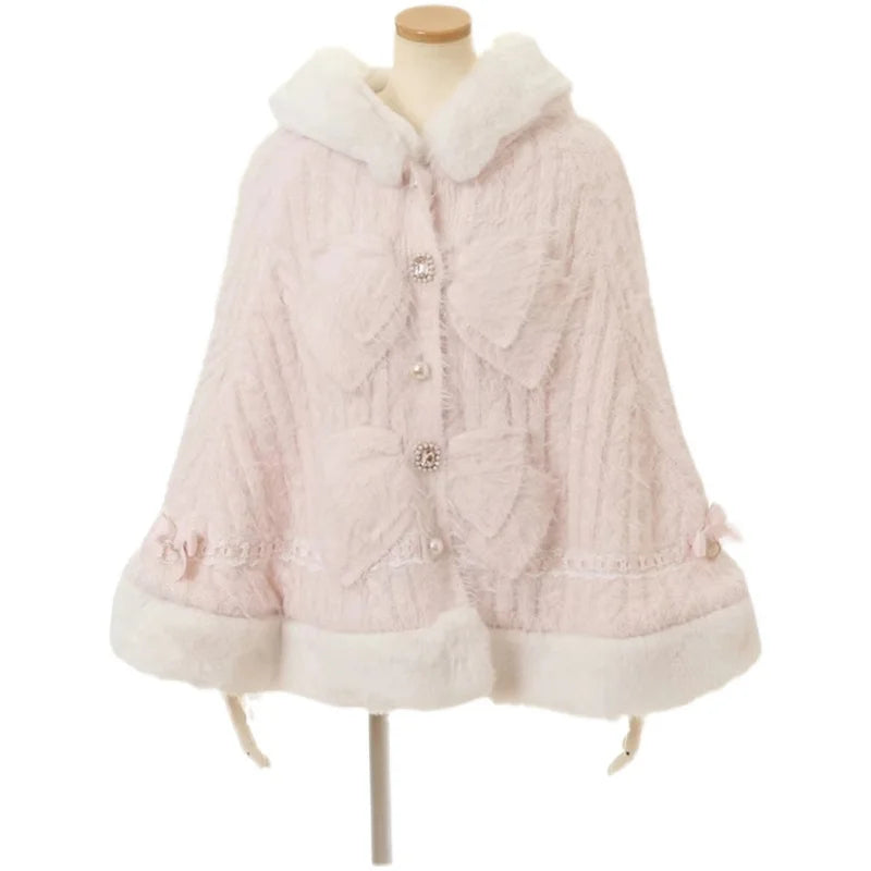 Japanese Sweet Soft Thick Women's Double-Layer Big Ribbon Hooded Knitted Cloak 3 Colors Autumn and Winter Ponchos Warm Jacket