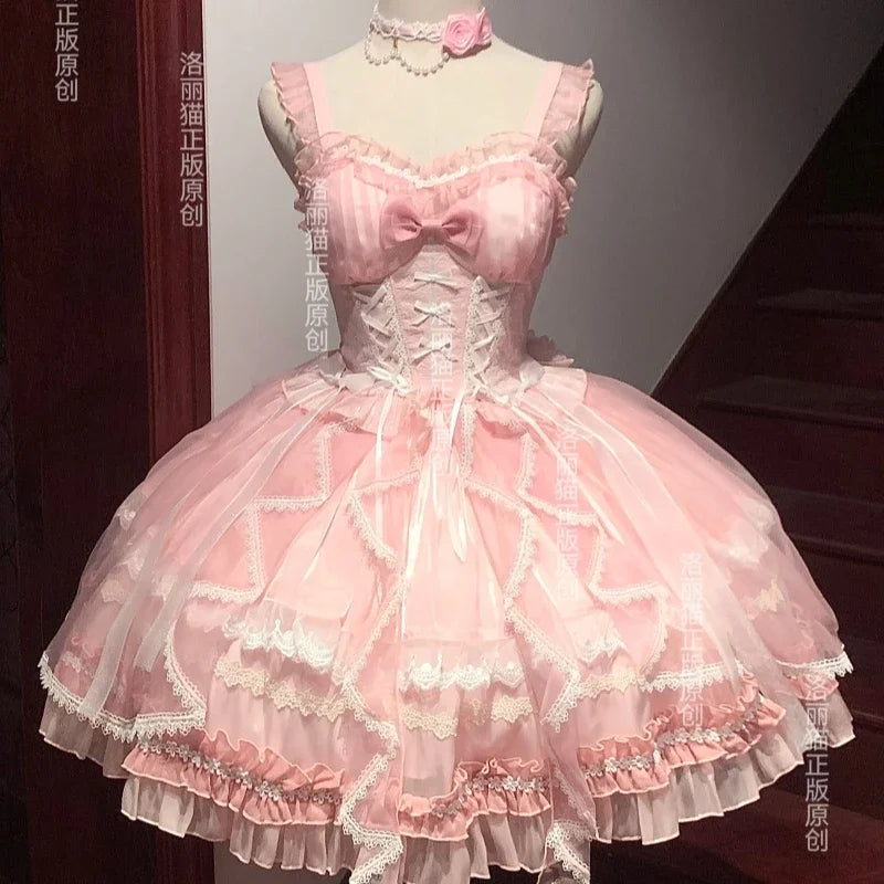 Lolita Sweet Girl Princess Dress Spring and Summer Off Shoulder Women's Short Sleeve Slim OP/JSK Short Ball Gown Dress