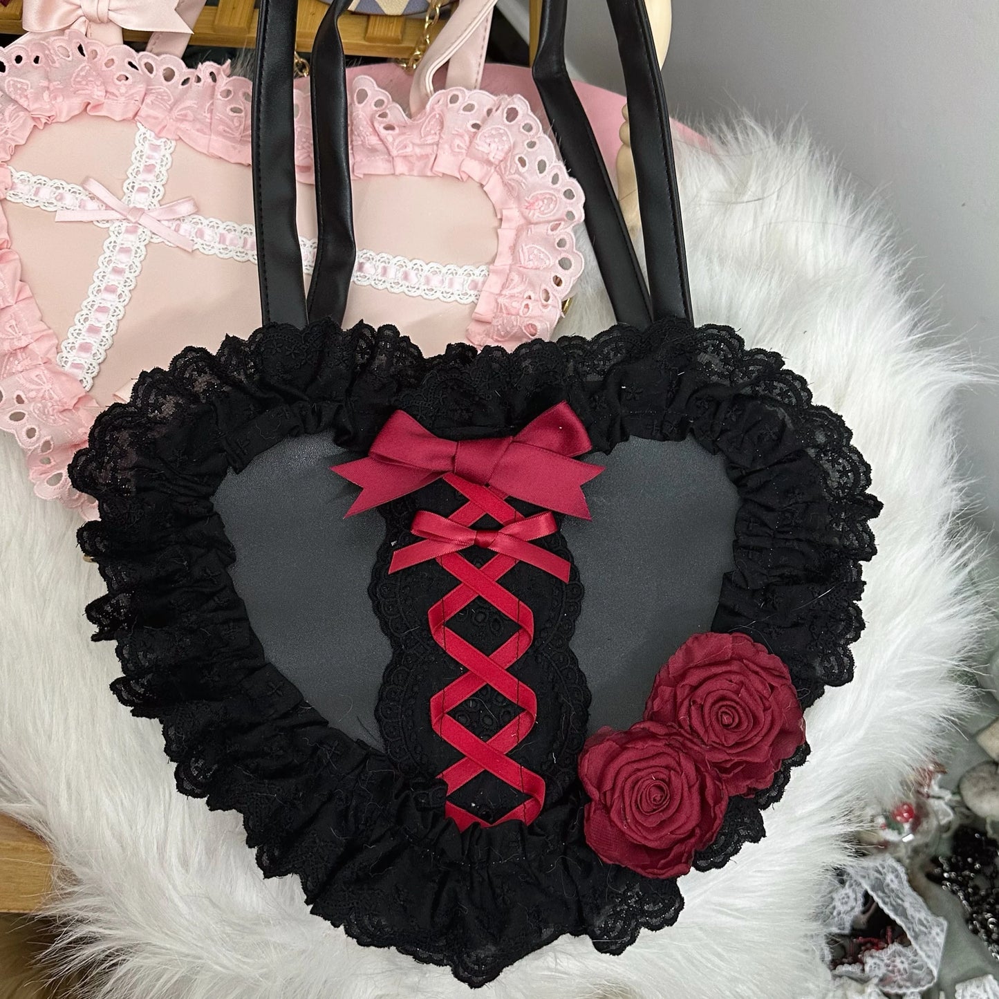 Lolita Handmade Love Heart Lace Flower Cute Shoulder Bag Sweet Girl Students Bow Tote Handbags