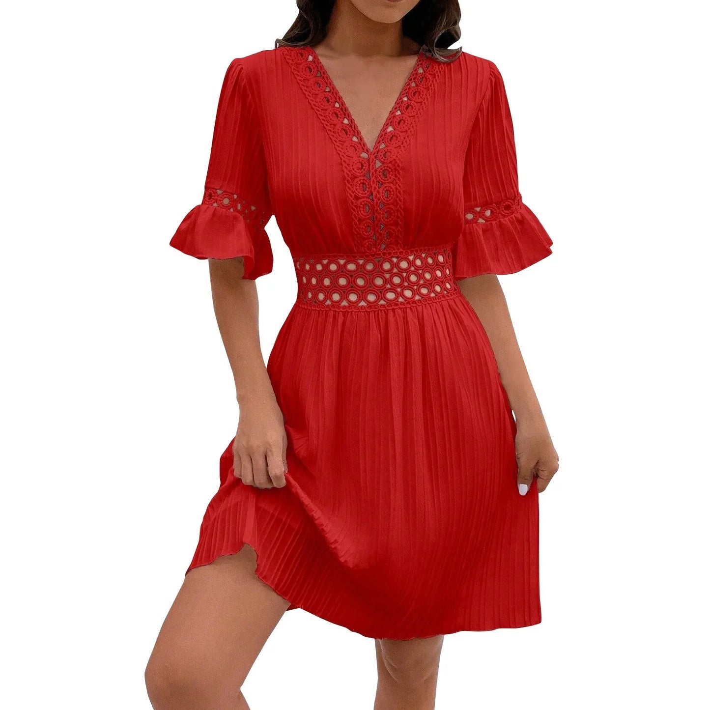 Women Sexy V Neck Flying sleeve Mini Dress Summer Hollow Embroidery Lace Patchwork Party Dress Casual Loose Beach A-Line Dress