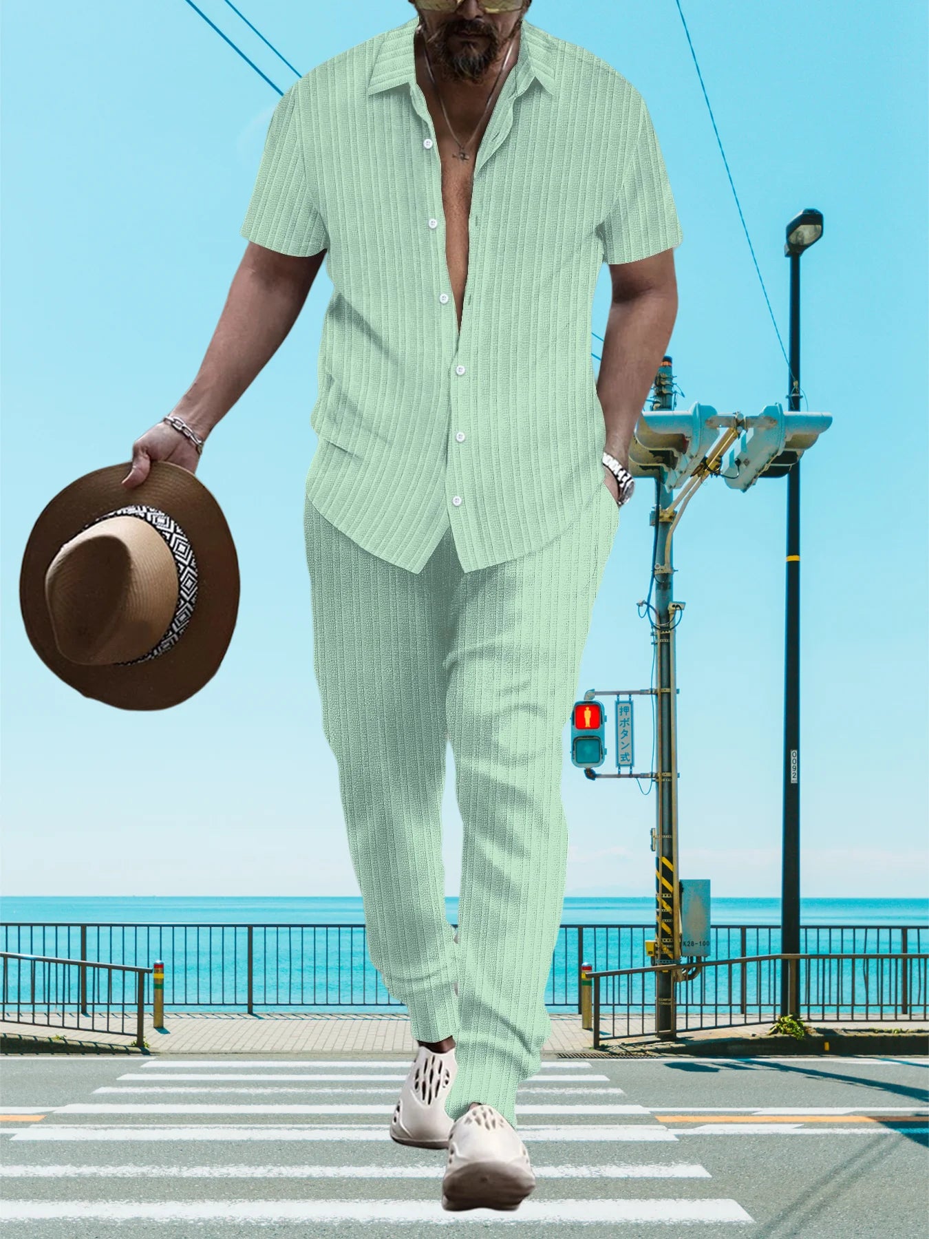 Ultra-thin Ultra-light Summer Men's Shirt Casual Loose Short Sleeve + Trousers Beach Suit Surf Casual Solid Color Lapel Suit