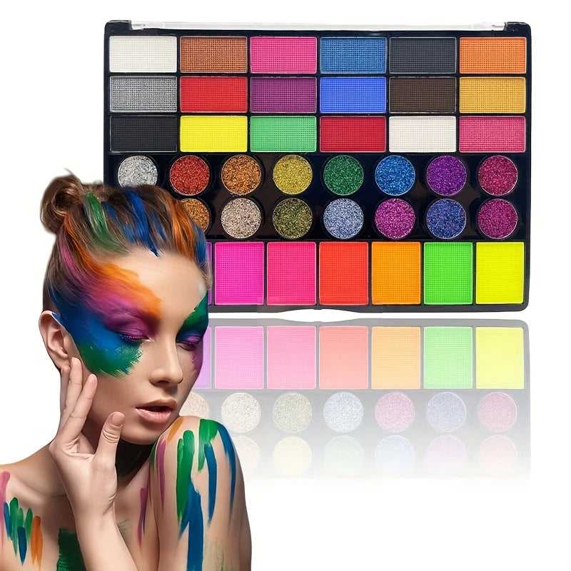 42-Colors Water-Based Face & Body Painting Kit,UV Neon Glitter Fluorescent Paint Makeup,Face Body Paint Art Festivals Halloween