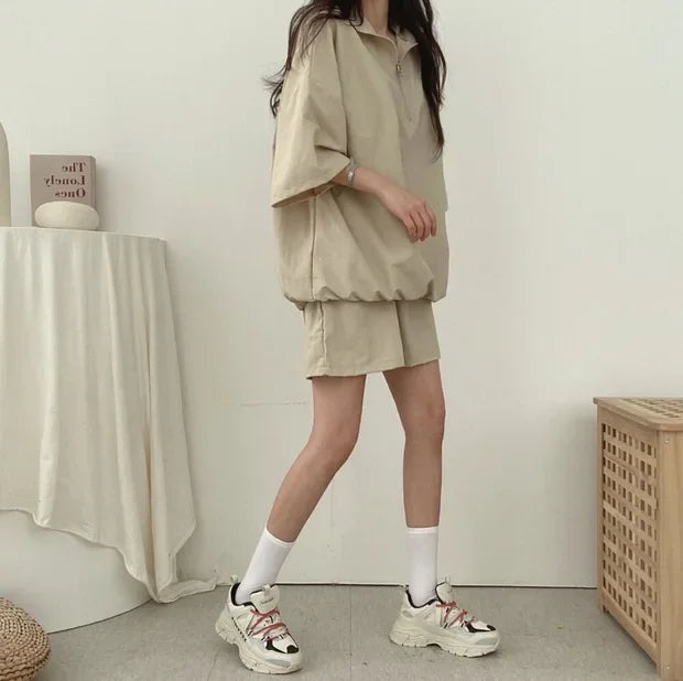 Korean Style Women's Summer Casual Sports Sun Protection Suit Two-Piece Set Workwear Jacket Shorts Polyester Fiber