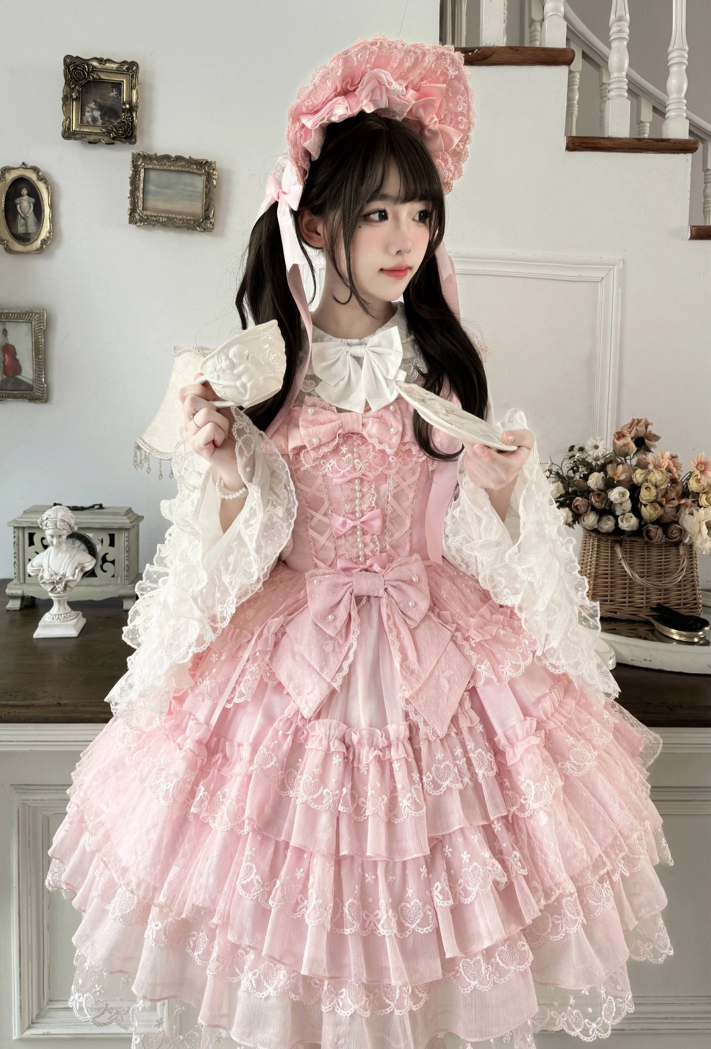 Original Design Lolita Jsk Suspender Dress Sweet Girl Women's Long Sleeve Inner Shirt Cute Princess Sling Cake Dress with Cape