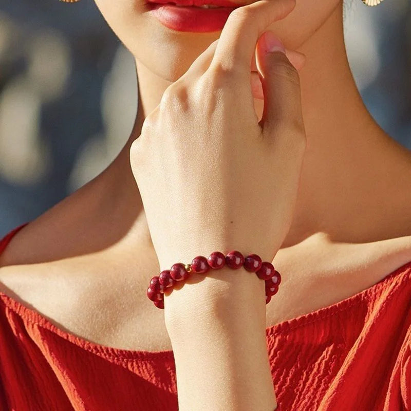 Lucky Imitation of Hotan Jade Cinnabar Red Gold Color Bead Natural Stone Beaded Bracelet for Women Bracelet Party Good Luck Gift