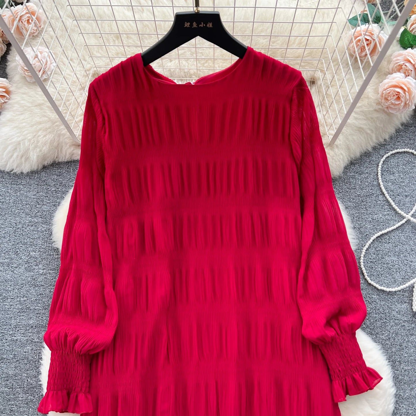 Autumn Vintage Women Draped Loose Midi Dress Elegant Round Collar Puff Long Sleeve Robe Casual Yellow/Burgundy/Green Vestido New