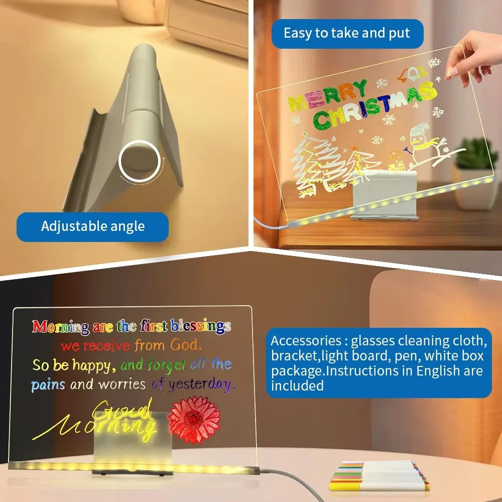 LED Message Board DIY Graffiti Drawing Boards Warm Light USB Plug in Acrylic Kid Painting Board Birthday Christmas Gift Children