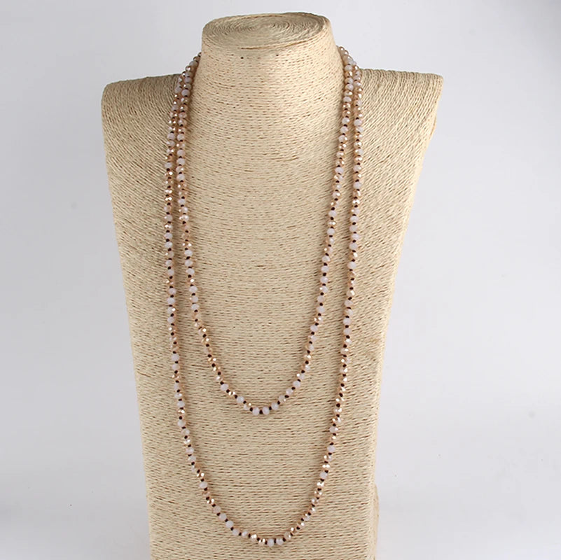 Fashion Bohemian Tribal Jewelry 6mm Crystal Long knotted Glass Crystal Necklace