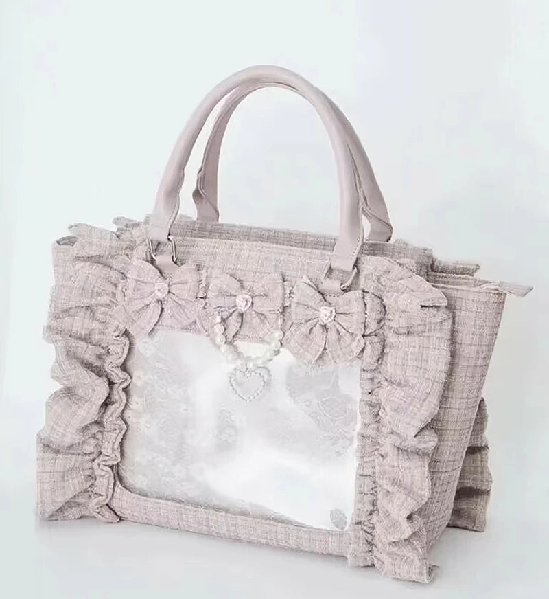 Japanese Style Mine Ita Bag Ruffled Lace Women Girls Rhienstone Pearl Bowknot Square Tote Shoulder Portable Bolso Handbags