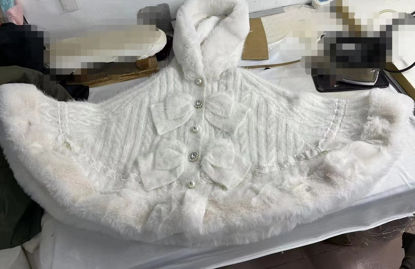 Japanese Sweet Soft Thick Women's Double-Layer Big Ribbon Hooded Knitted Cloak 3 Colors Autumn and Winter Ponchos Warm Jacket