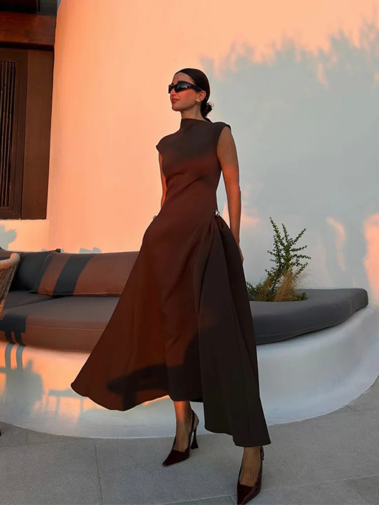 Vintage Brown Long Dress Women's Elegant Loose Diagonal Neck Black Metal Buckle Maxi Dresses Female 2025 Summer Evening Party