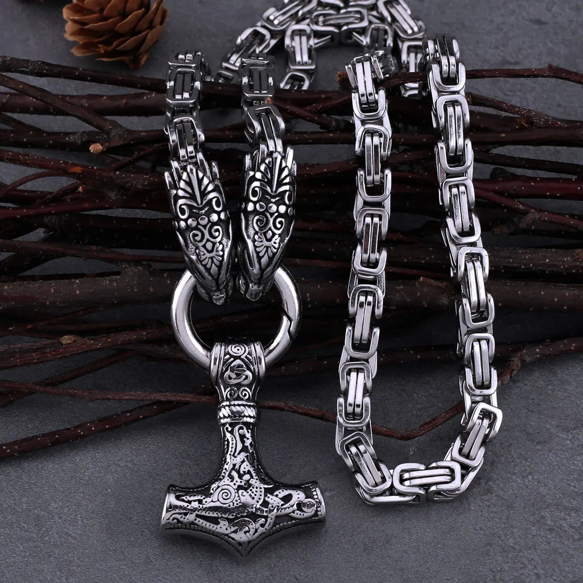 Viking Men's Dragon Head Necklace Thor's Hammer Fashion Hip Hop Biker Amulet Pendant Stainless Steel Jewelry Nordic Gifts