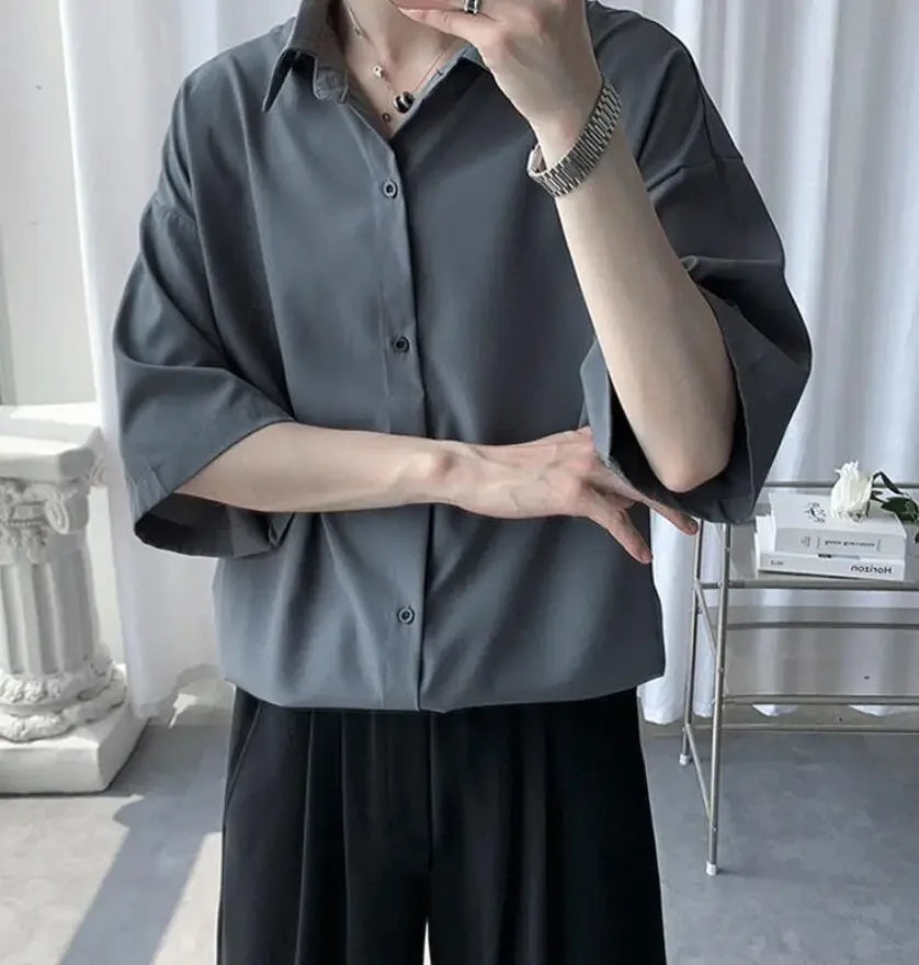 Clothes Short Sleeve Black Male Top Plain Men's Shirt And Blouse With Collar Korean Style Xxl Luxury Summer Original Silk Luxury