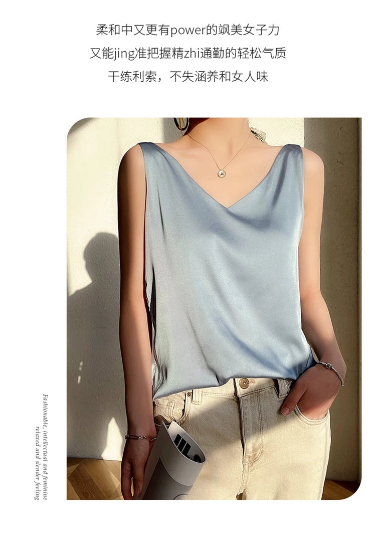Women's New Four Seasons Inner Wear Silk Suspenders 2022 V-Neck Solid All-Match Satin Vest Soft Loose Thin Lady Sleeveless Tops