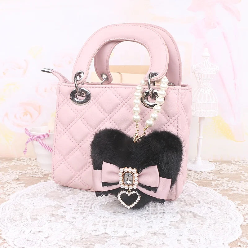 Romantic Bag Ornament Plush Heart Pearls  Keychain Bag Decor Keyring Sweet Ita Bag Pendant Handmade Bow Accessories Keychain