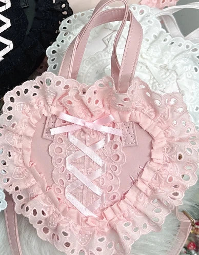 Lolita Handmade Love Heart Lace Flower Cute Shoulder Bag Sweet Girl Students Bow Tote Handbags