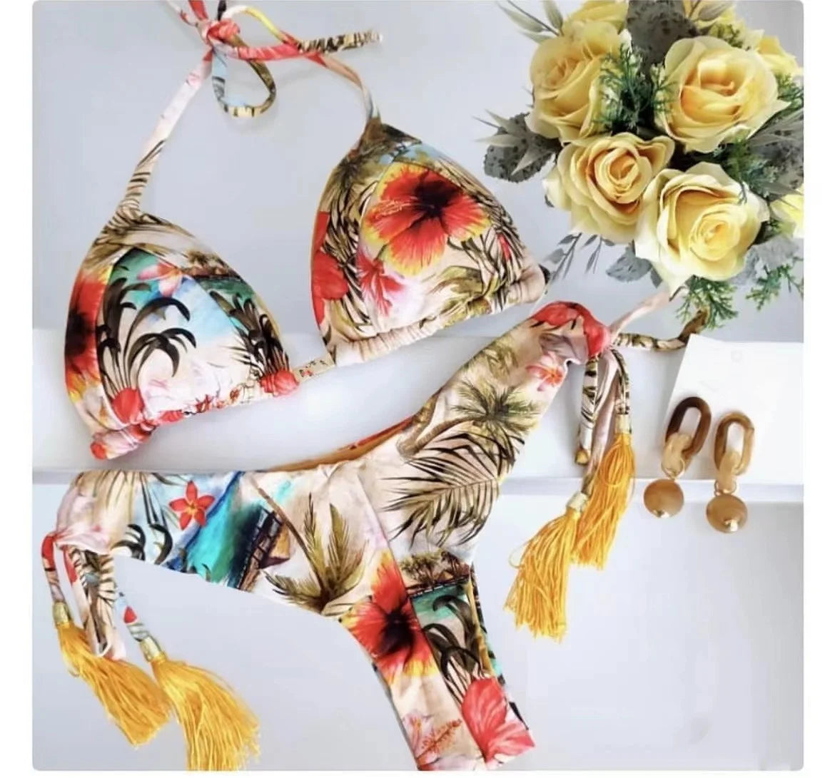 RUOTONSEPT New Sexy Botany Print Bikinis Set Women's Swimsuit Two-piece Triangle Halter Swimwear Bathing Suit Brazilian Biquinis