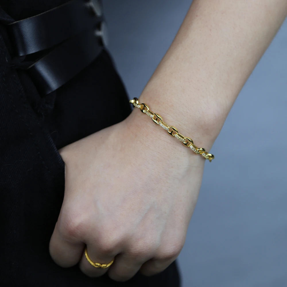 White Rainbow Cz Paved Link Cuban Chain Bracelet For Women Miami Boho Style Thick Gold Color Charm Bracelet Fashion Jewelry