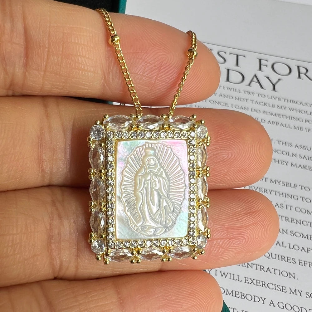 Natural Mother Pearl Shell Virgin Mary Guadalupe San Benito Charm Necklace Rectangle Religious Medals Necklace for Women & Gift