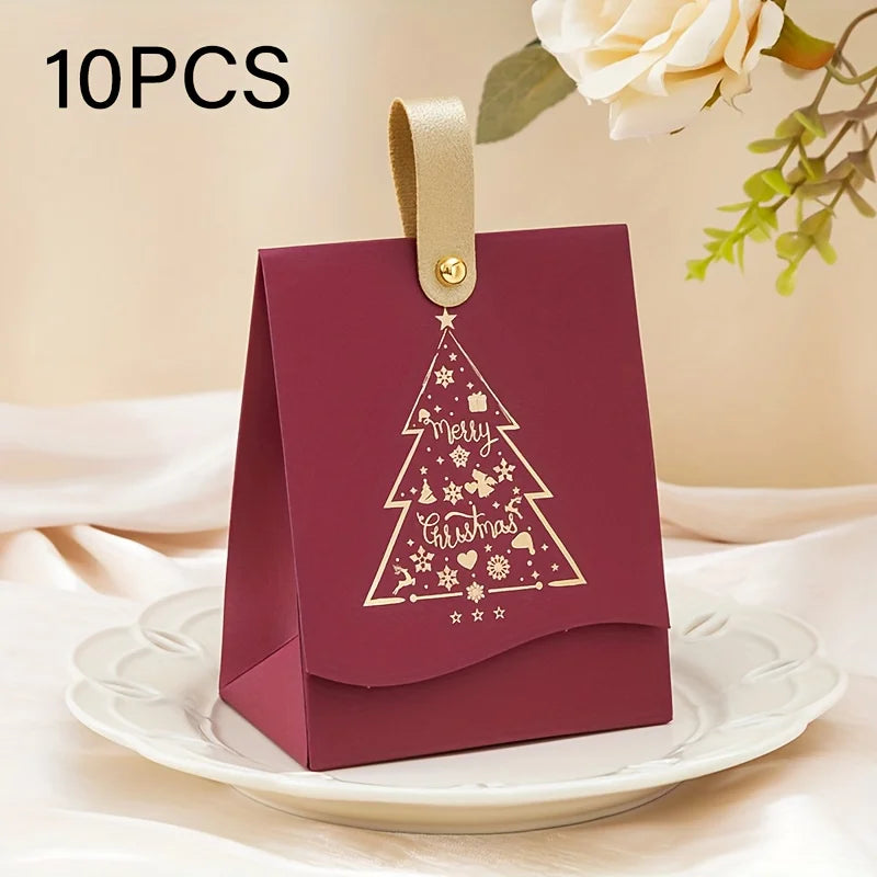 10pcs Christmas gift boxes - with leather handles, festive Christmas tree design, suitable for cookies, Christmas decorations
