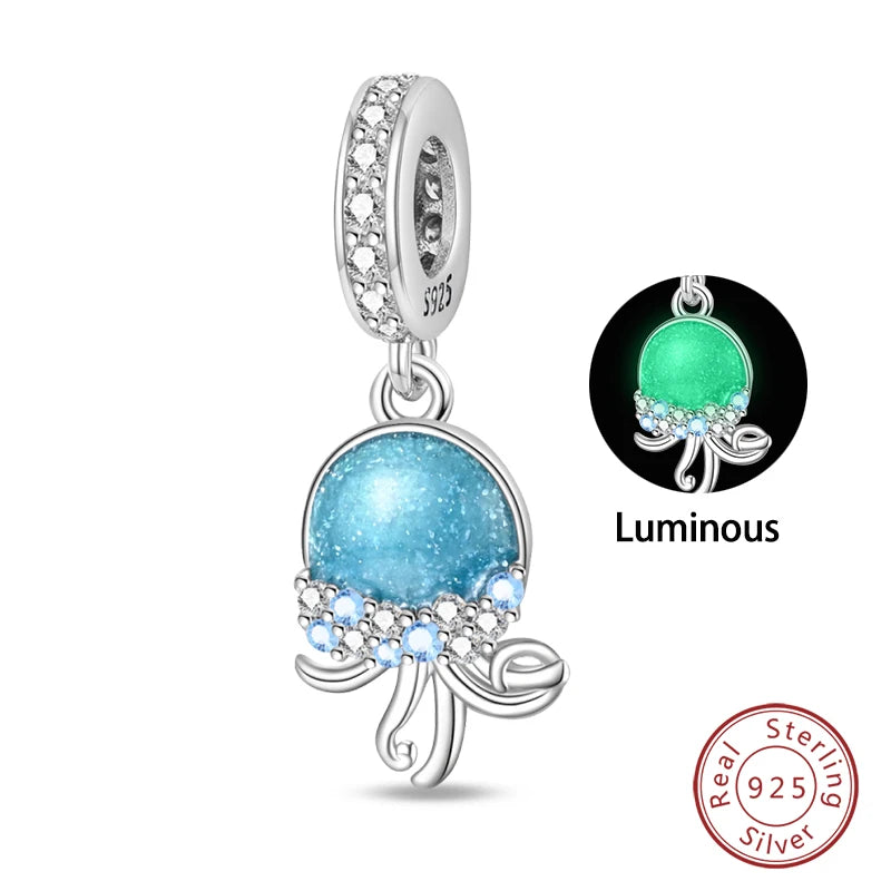 New 100% 925 Sterling Silver Ocean Luminous Sea Turtle Dolphin Octopus Charms Beads Fit Qikaola Original Bracelets DIY Jewelry