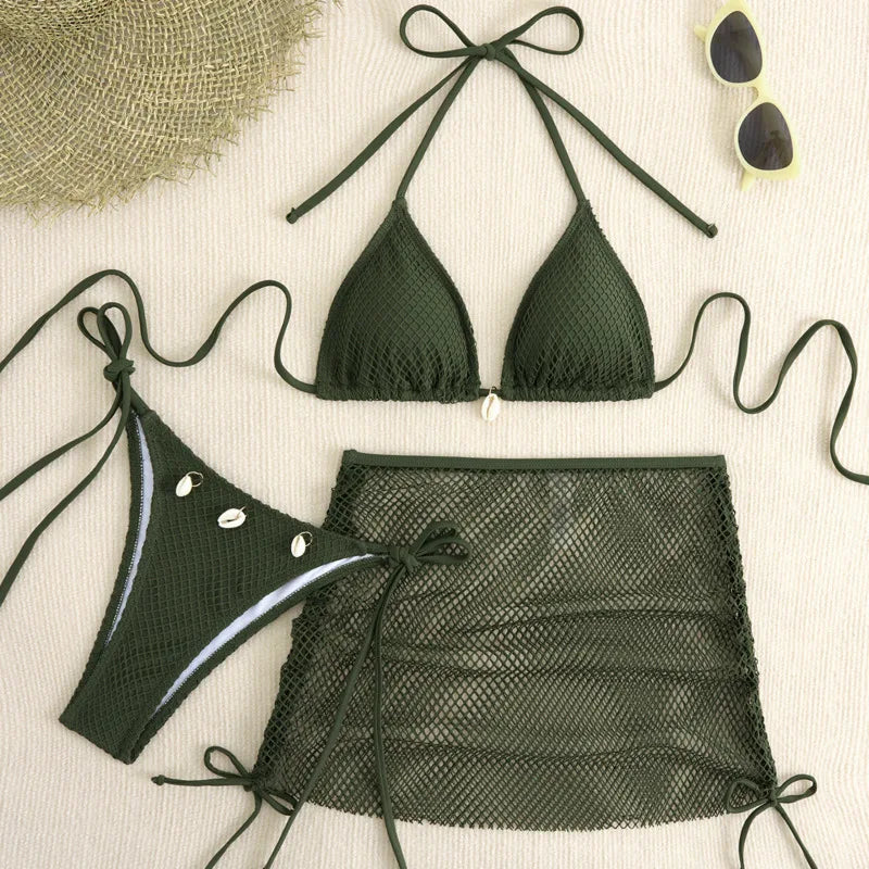New Sexy Net Bikinis Female Swimsuits Women Three-Piece Swimwear Beach Swim Wear Bathing Suits Brazilian Bikini Set Pool Bather