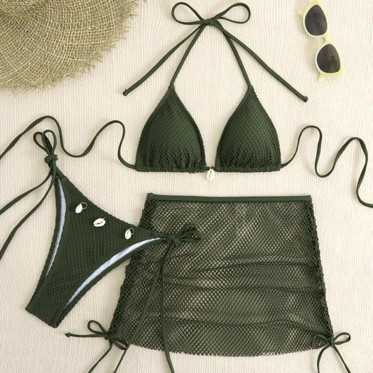 New Sexy Net Bikinis Female Swimsuits Women Three-Piece Swimwear Beach Swim Wear Bathing Suits Brazilian Bikini Set Pool Bather