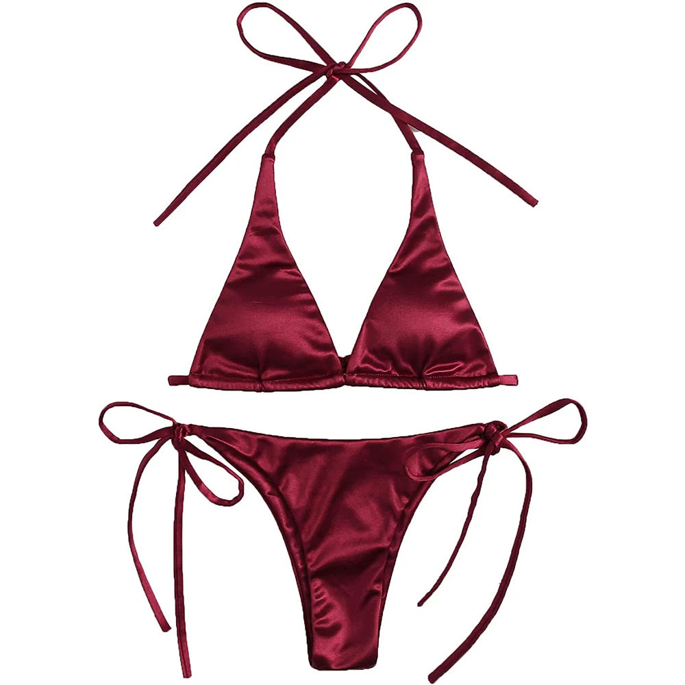 Metallic Halter Triangle Bikini 2023 Swimsuit Women Swimwear Female Bathing Suits Brazilian Thong Micro Bikinis Set Beach Wear