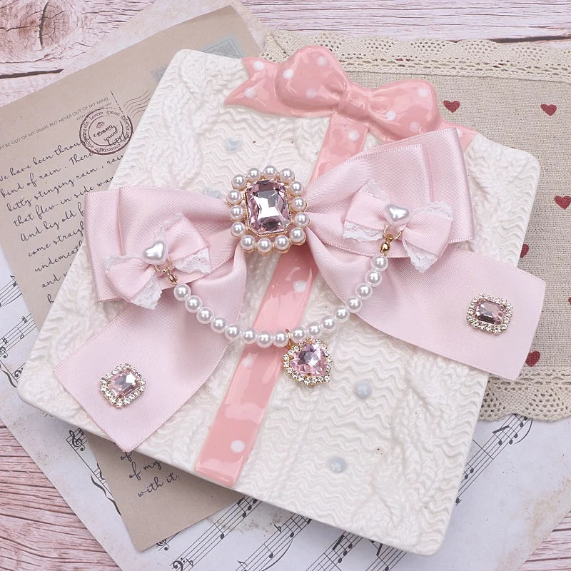 Beaded Ribbon Neck Tie Lolita Girl Bow Tie Women's Big Bow Larme Kei Heart Pearl for Collared Shirt Jfashion Brooch Accessories
