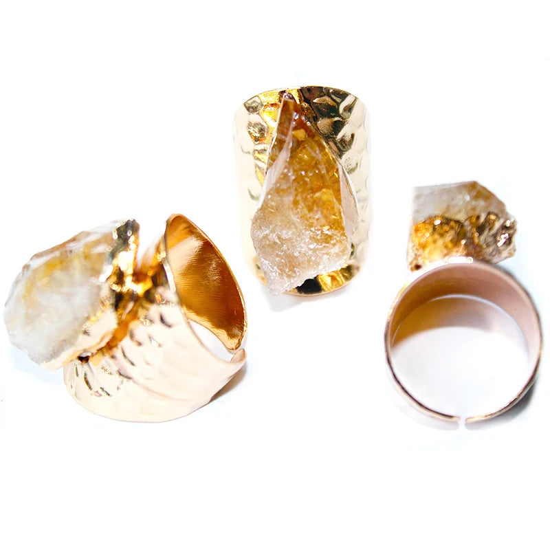 Irregular Raw Citrine Wide Open Rings for Women Gold-color Genuine Stone Adjustable Finger Jewelry