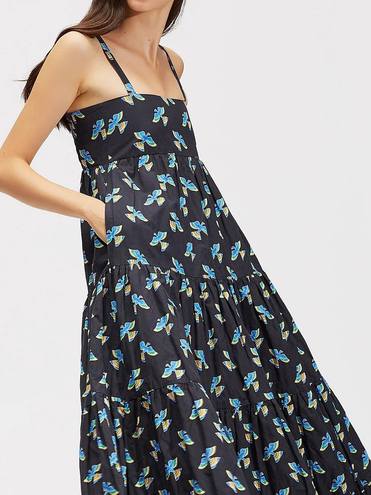 Square Collar Backless Patchwork Maxi Dress, Women Summer Sleeveless Print Party Dress, 2024 Casual Elegant Ladies Dress Vestido