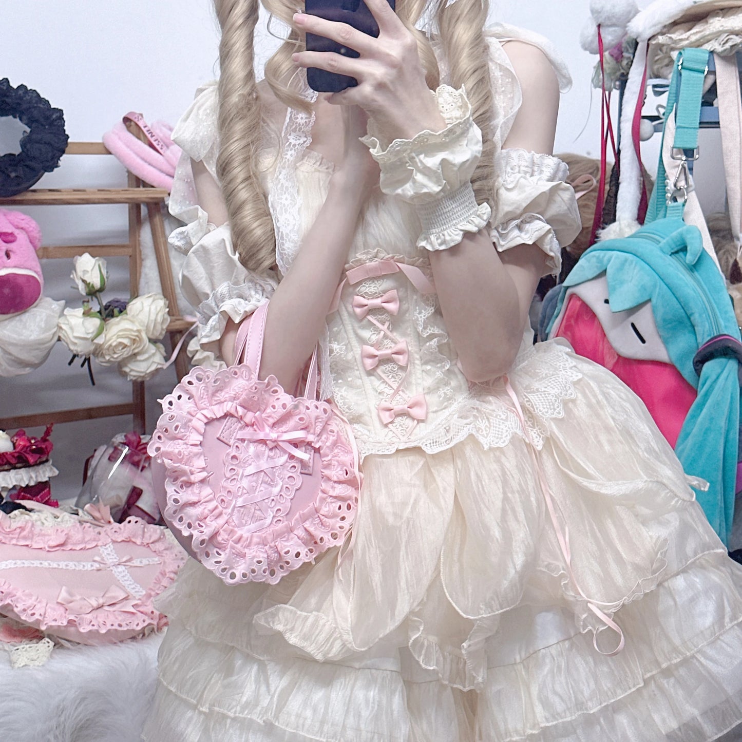 Lolita Handmade Love Heart Lace Flower Cute Shoulder Bag Sweet Girl Students Bow Tote Handbags