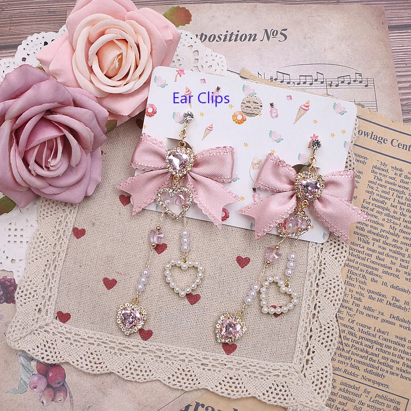 Cute Sweet Women's Bow Rhinestone Ear Clips Love Pendant Ornament Long Style Earrings S925 Needles Pearl Earrings for Y2K Girl