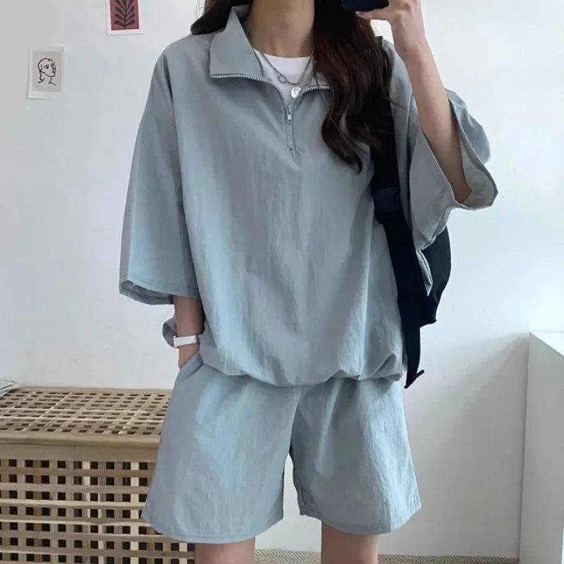 Korean Style Women's Summer Casual Sports Sun Protection Suit Two-Piece Set Workwear Jacket Shorts Polyester Fiber