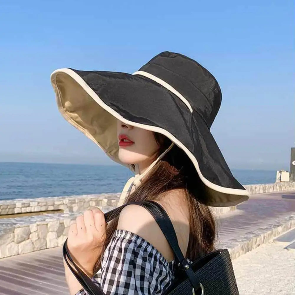 Solid Color Wide Brim Sun Hat Korean Style Anti-UV Sun Protection Hat Fisherman Hat with Neck Rope Women Bucket Hat Ladies