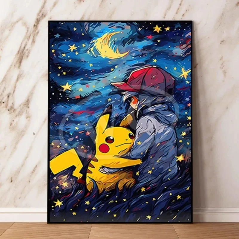 Van Gogh Museum Pocket Monster Anime Character Pikachu Canvas Painting Poster Living Room Bedroom Decoration Christmas Gift
