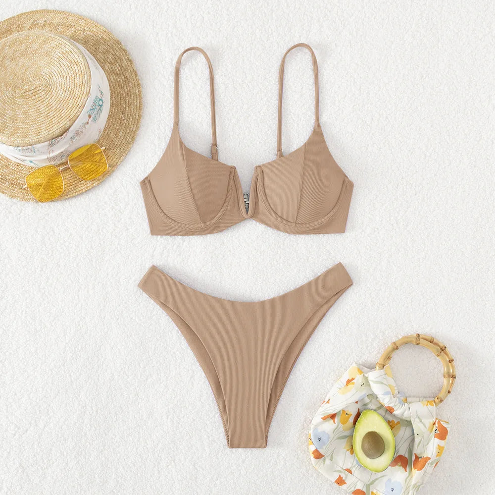 Sexy Underwired BikiniS 2024 Mujer Women Solid V-bra Push Up Two pieces Bikini Set High Cut Bathing Suit Padded Thong Swimsuit