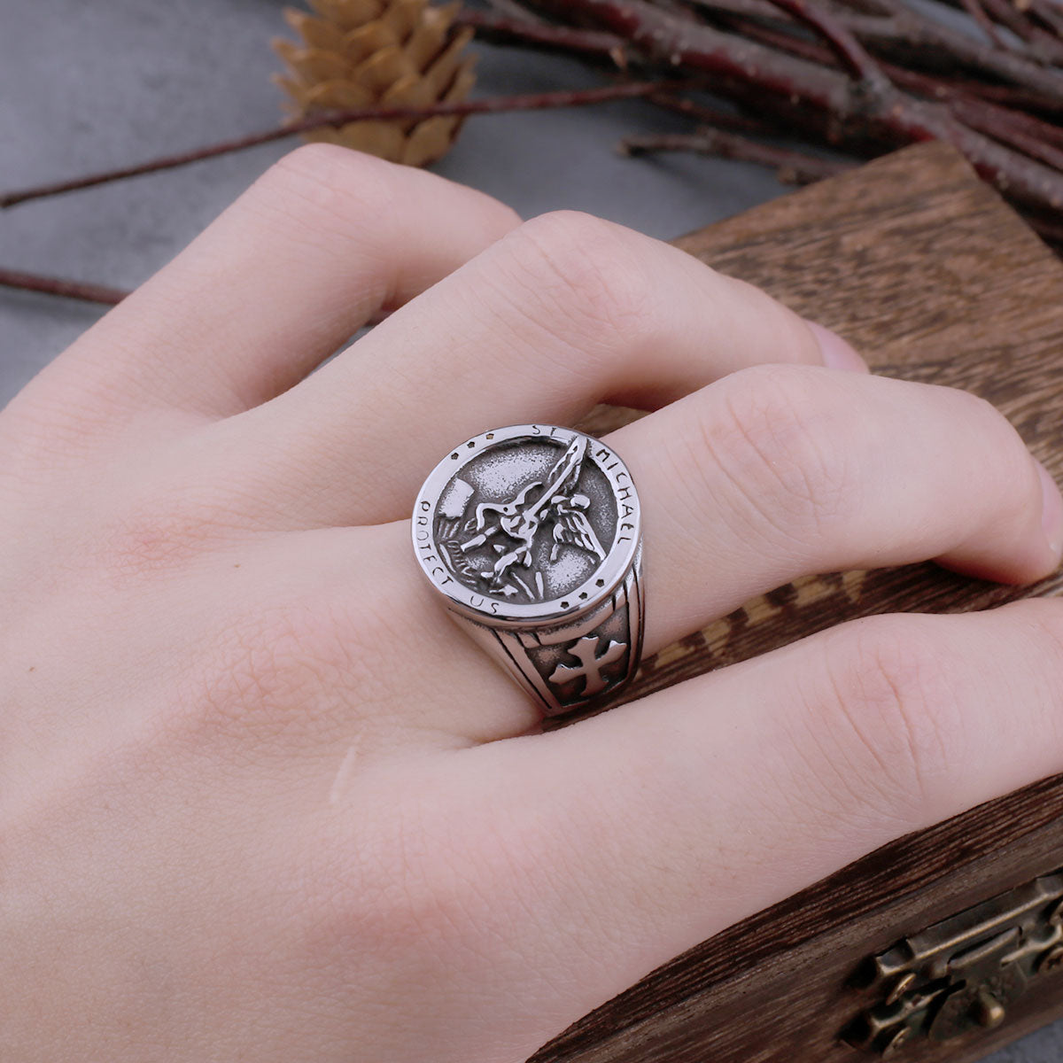 Never Fade Archangel Saint Michael Exorcism Ring Men's Punk Hip Hop Amulet Ring Stainless Steel Jewelry Party Gift Wooden Box