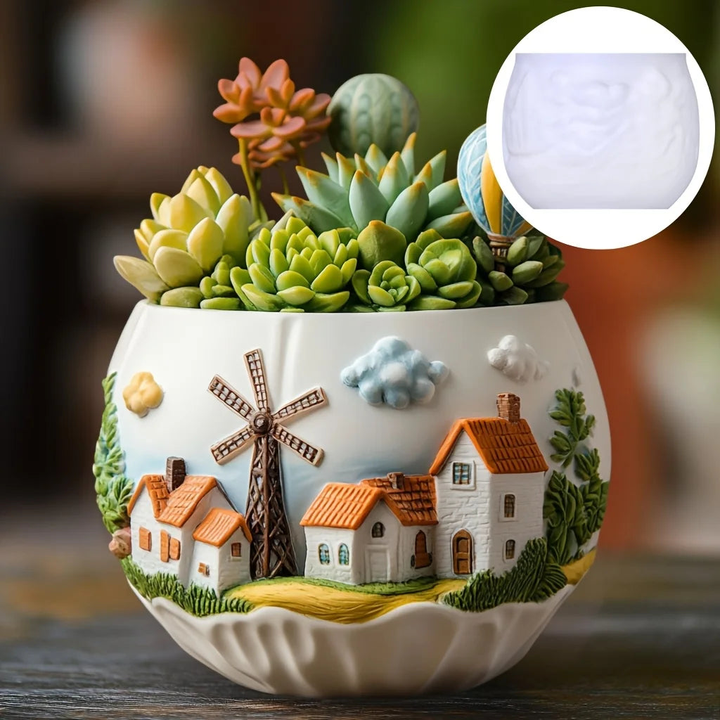 Windmill Town Succulent Plant Pot Silicone Mold  Windmill Town House Relief  Flower Pot Resin Mold Dream house storage box molds