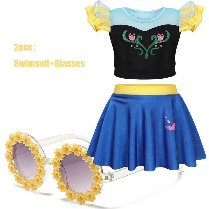 2025 Girls Two Piece Swimsuit Anna Elsa Belle Swimwear Princess Bodysuit Swimwear for Girls Childrens Bikini Beachwear Clothes