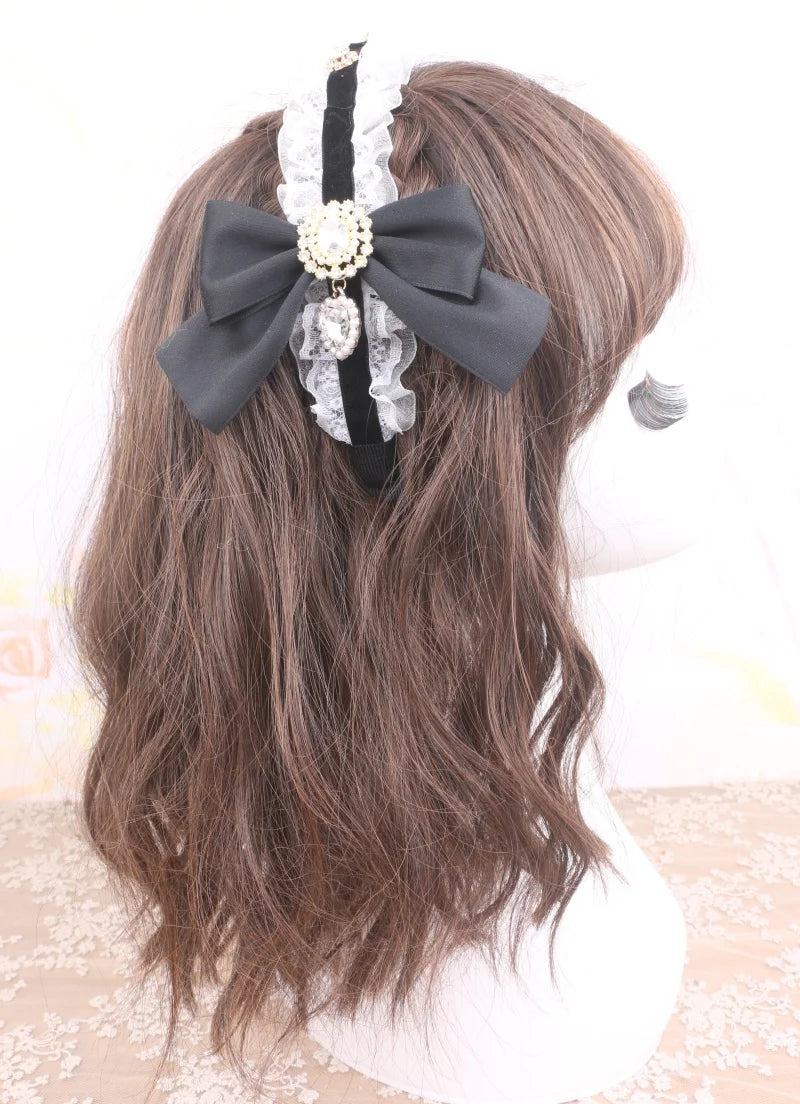 Sweet Hair Accessories Bow Head Band for Women Kawaii Lolita Diamond Bowknot Ruffles Hairbands Soft Girl Headwear