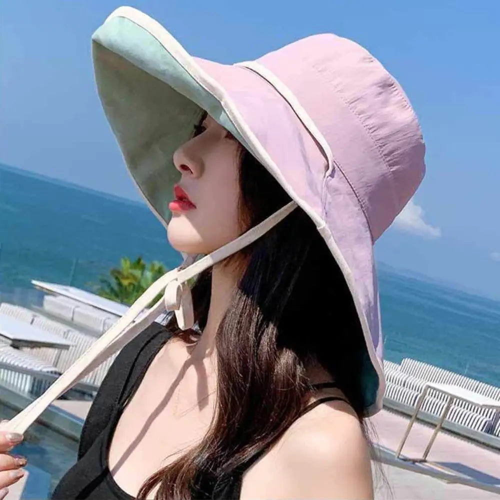 Solid Color Wide Brim Sun Hat Korean Style Anti-UV Sun Protection Hat Fisherman Hat with Neck Rope Women Bucket Hat Ladies