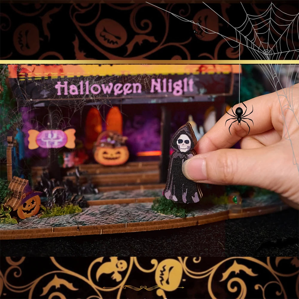 Retro DIY Wooden Halloween Night House Figurines Miniatures Kits With LED Lights Home Desk Decoration For Adult Handmade Gifts