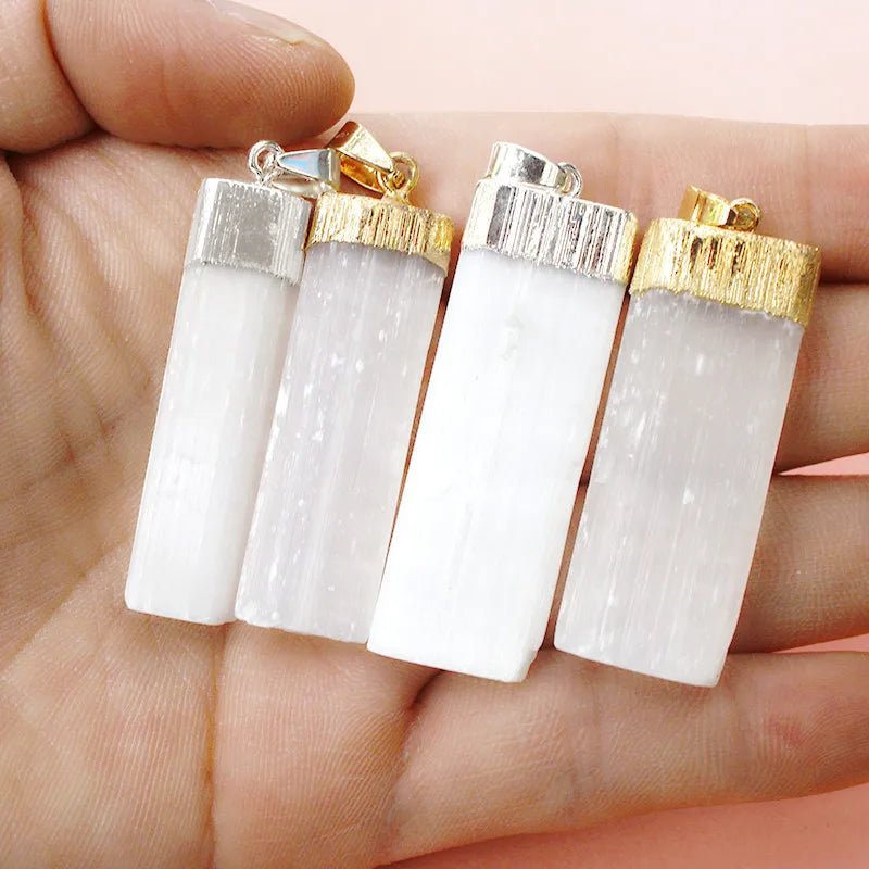 Natural White Selenite Healing Crystal for Women Men Gold Silver Plated Rough Gypsum Stone Pendant Necklace