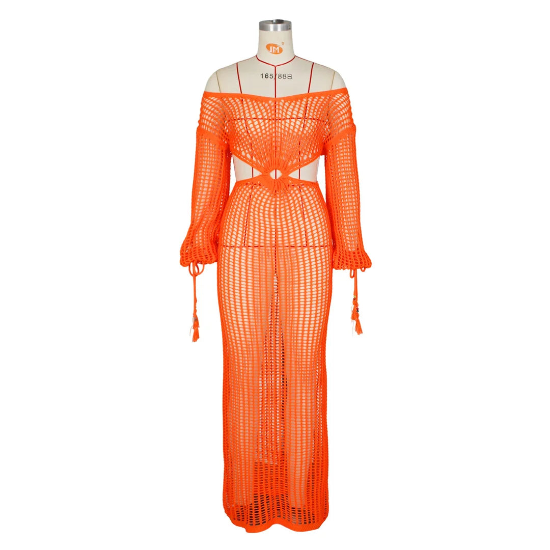 S - XL Long Sleeve Hollow Out Crochet Knitted Tunic Beach Cover Up Cover-ups Beach Dress Beach Wear Beachwear Female Women V5322