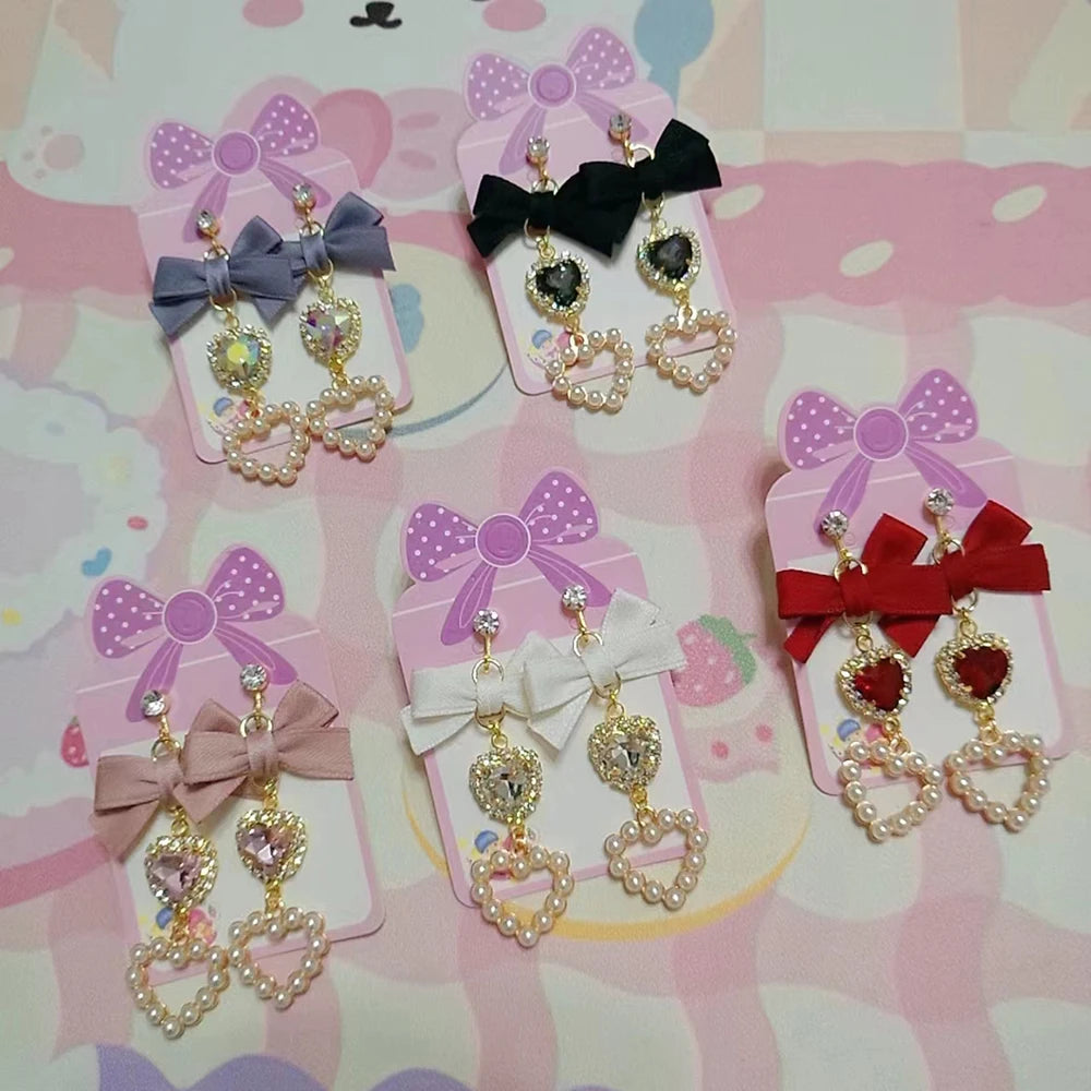 Lolita  Earrings Accessories for Women Lo Style Kawaii Bow Heart Earrings Clip/Needle Cute Women's Rhinestone Pearl