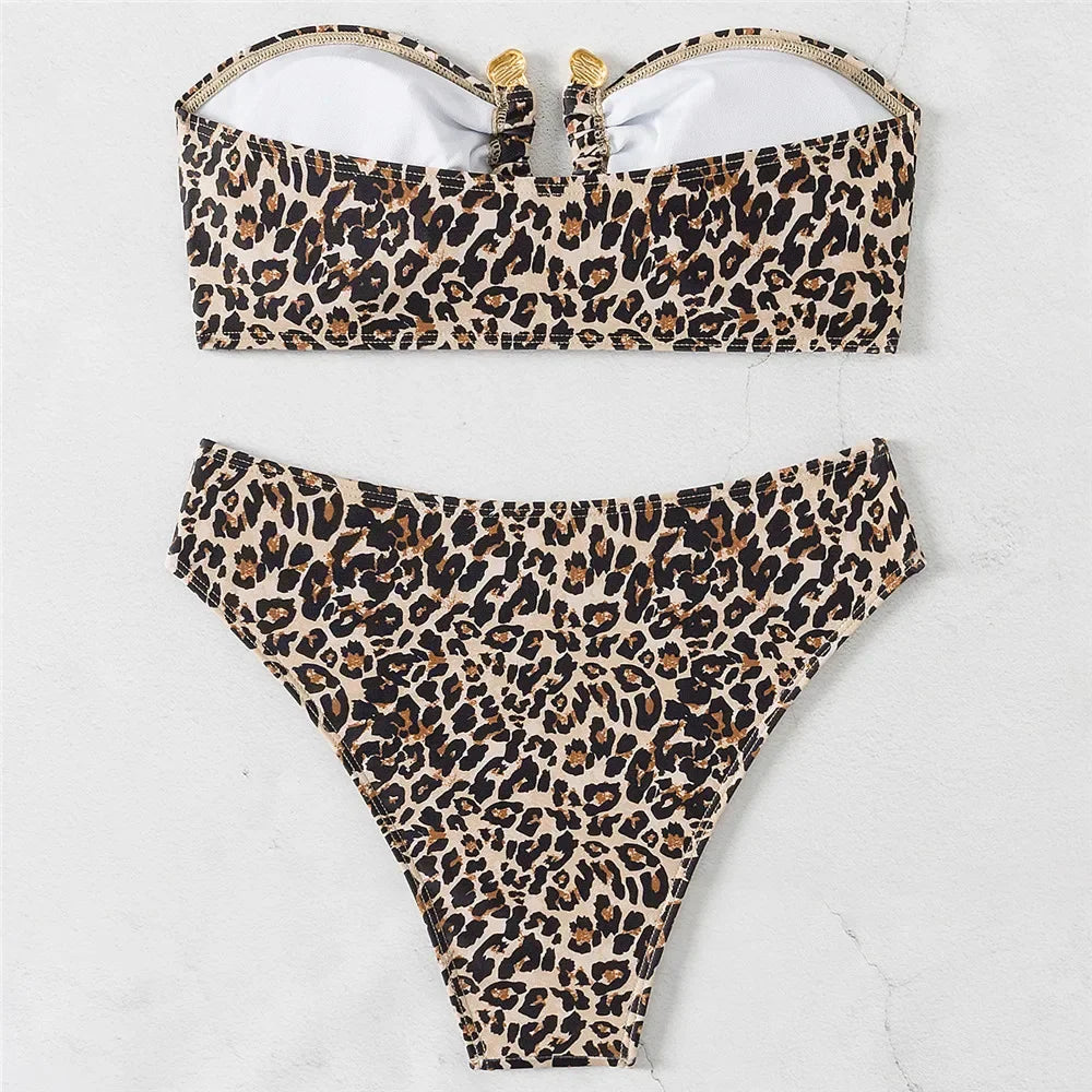 Leopard Print Swimwear Bandeau Bikinis Sets Sexy Swimsuit Women Metal Ring Wrinkled Bathing Suit Brazilian Bikini 2025 Mujer