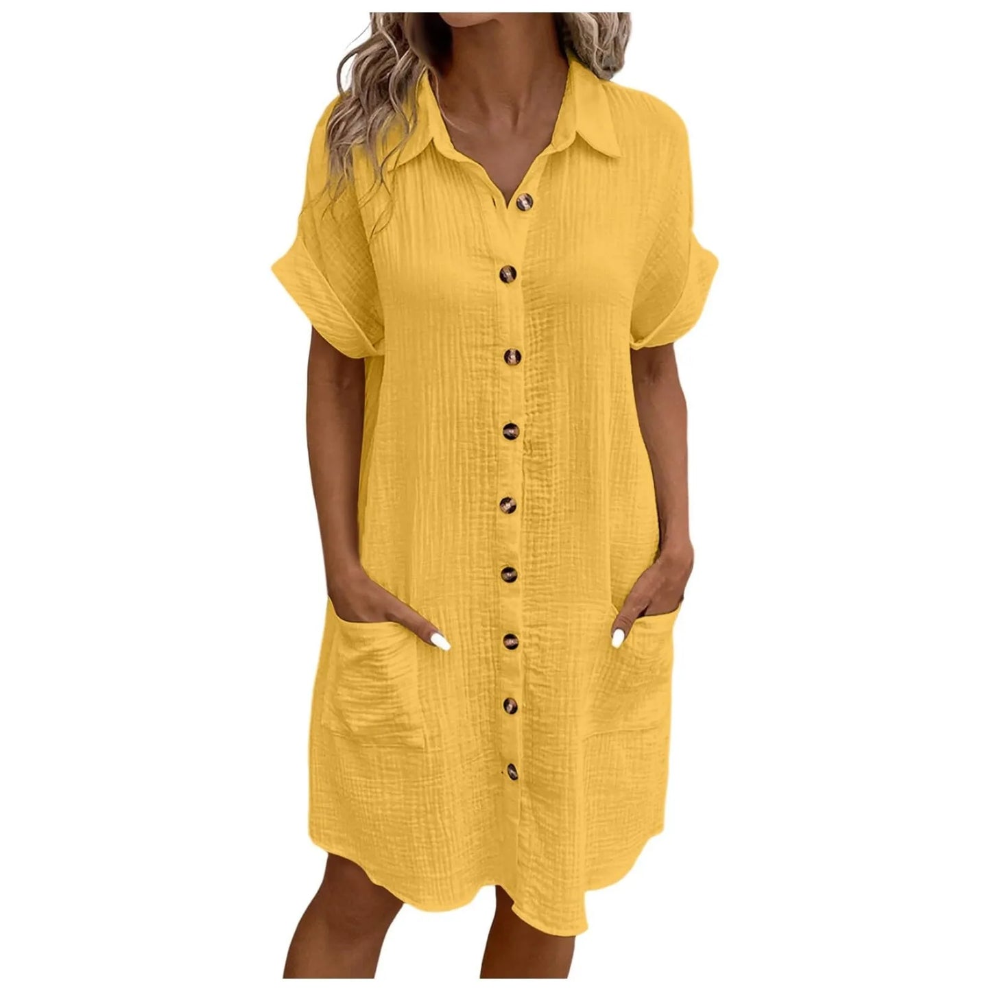 Women'S Fashion Summer Minimalist V-Neck Button Up Dress Woman Cotton Linen White Short Sleeved Pocket Casual Loose Shirt Dress