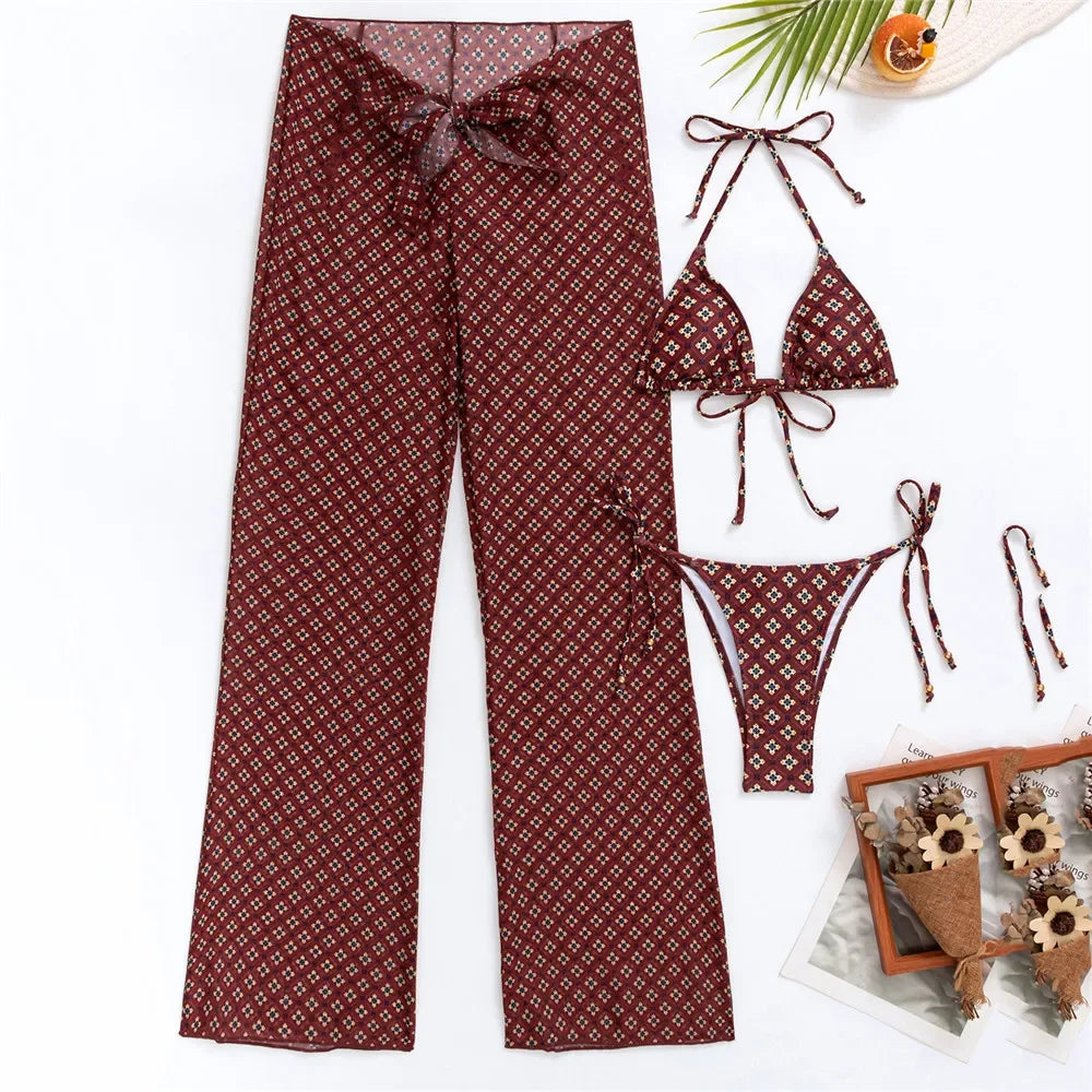 Sexy Floral Print Swimwear 3 Piece Bikini Set with Trousers Swimsuits Women 2025 Micro Thong Bikinis De Mujer Beach Wear Bather