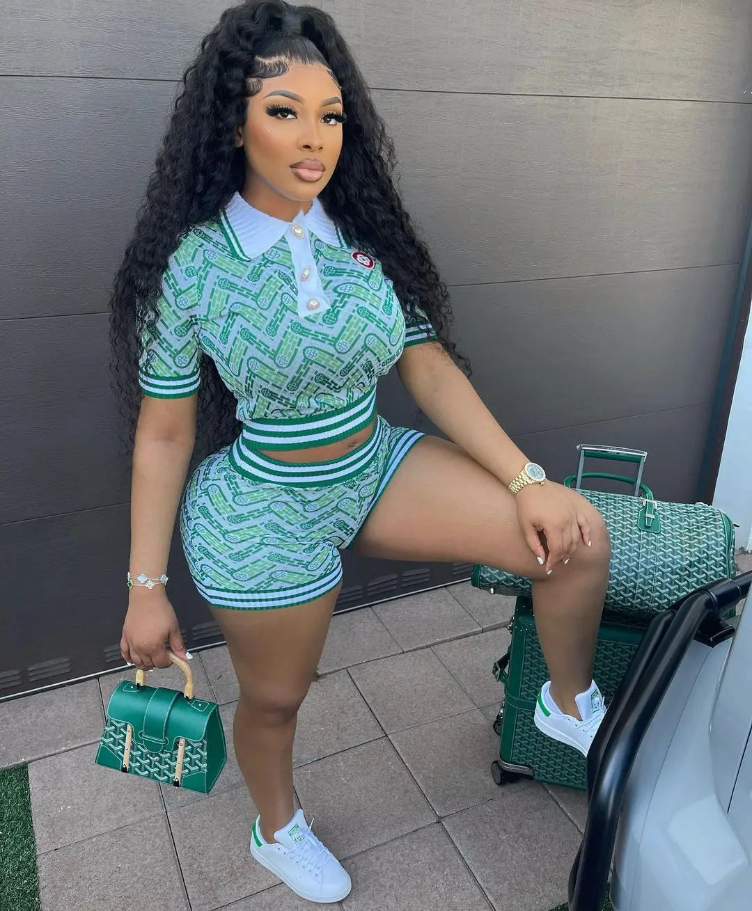 HLJ Blue Summer Printing Shorts Two Piece Sets Women Polo Nack Crop Top And Shorts Outfits Fashion Y2K Matching 2pcs Streetwear